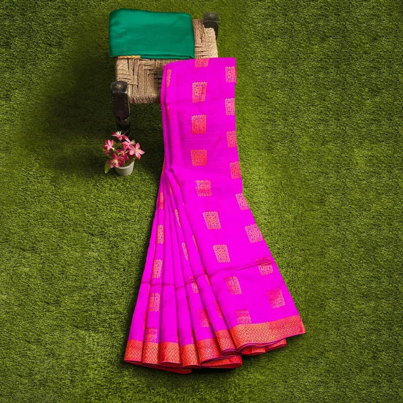 Pink and Green Pure soft Silk Saree With Blouse Piece view 7