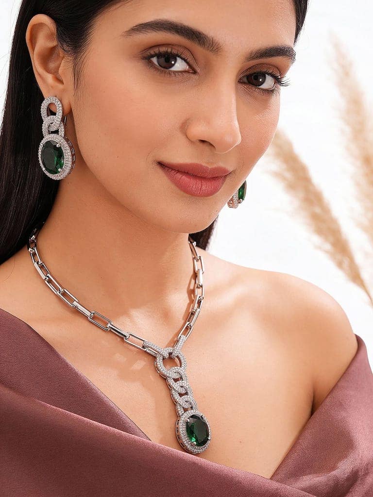 Silver Plated Emerald Green AD Studded Cocktail Link Jewellery Set view 2