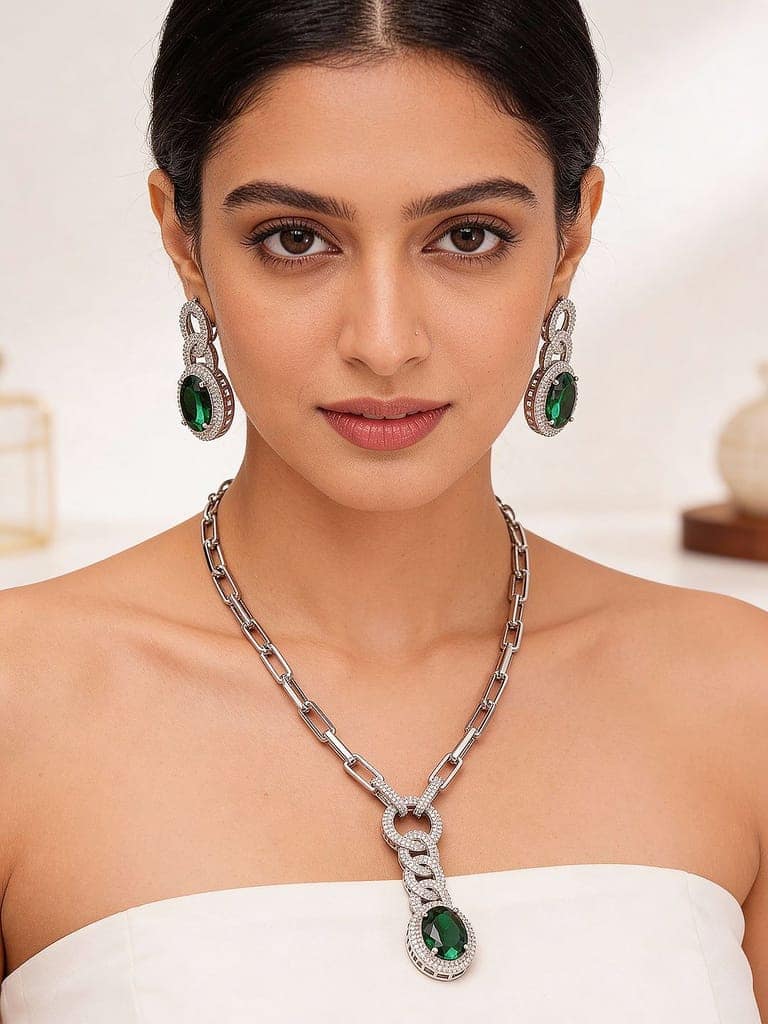 Silver Plated Emerald Green AD Studded Cocktail Link Jewellery Set view 3