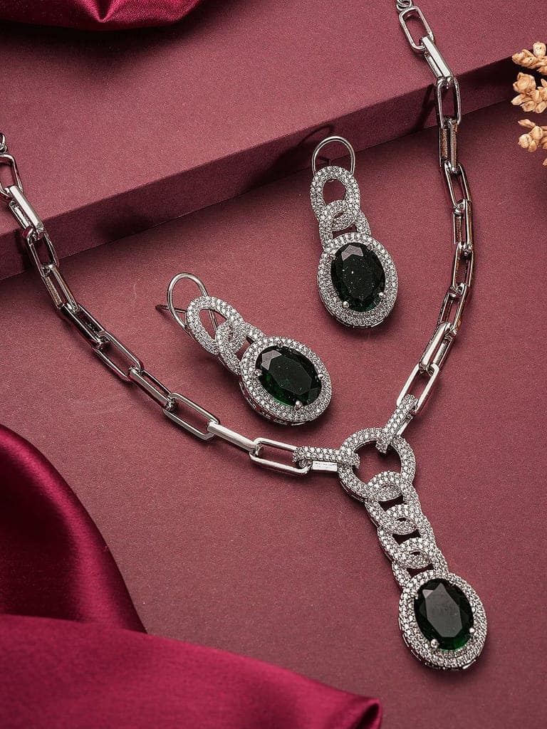 Silver Plated Emerald Green AD Studded Cocktail Link Jewellery Set view 4