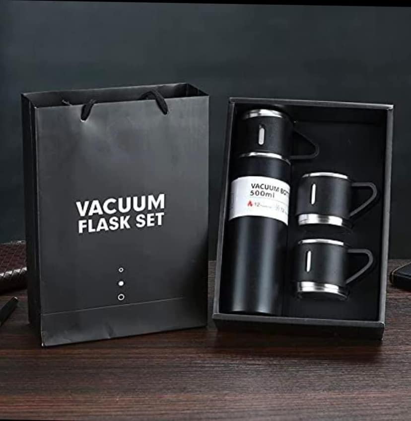 Double Wall Stainless Steel Thermo Vacuum Insulated Bottle Water Flask Gift Set with Two Cups Hot & Cold (Assorted Color) view 2