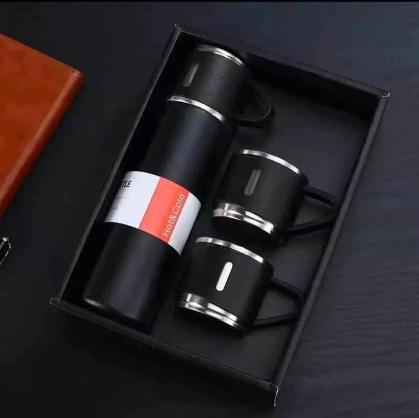 Double Wall Stainless Steel Thermo Vacuum Insulated Bottle Water Flask Gift Set with Two Cups Hot & Cold (Assorted Color) view 6