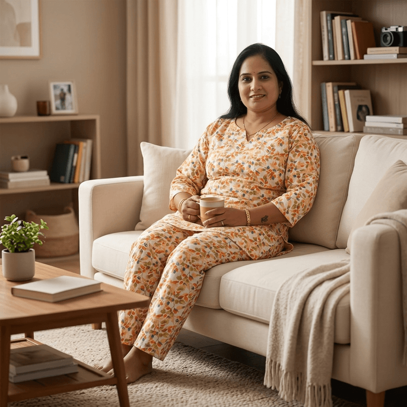 Mom and Me Women's Cotton Floral Print Co-Ord Set, 3/4 Sleeve Kurta with Pyjama, Ethnic Nightwear, Multicolour (Light Orange, S) view 3