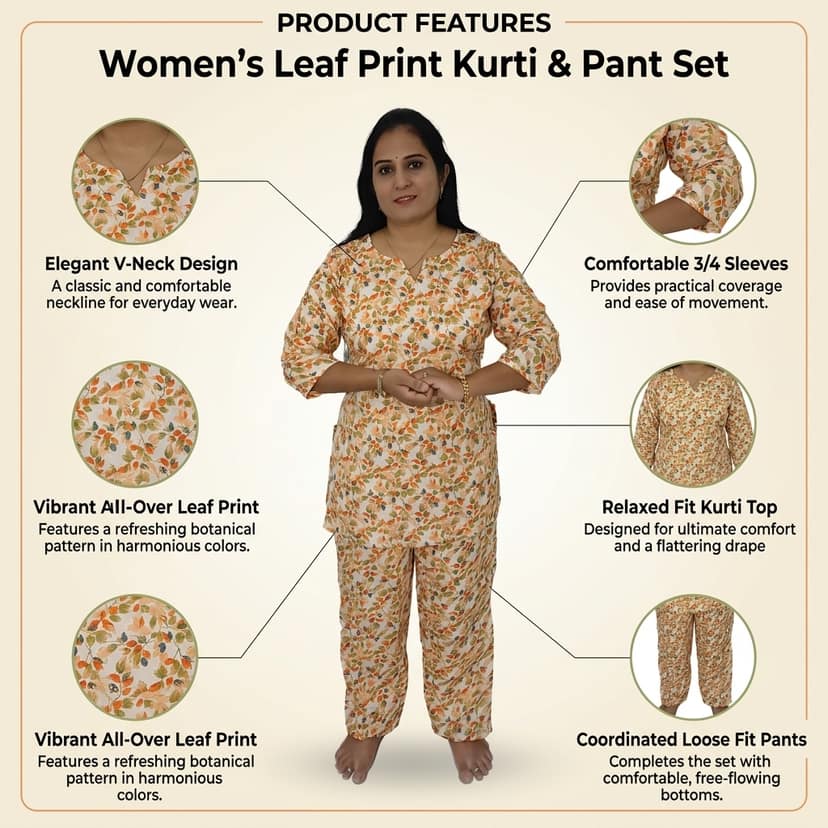 Mom and Me Women's Cotton Floral Print Co-Ord Set, 3/4 Sleeve Kurta with Pyjama, Ethnic Nightwear, Multicolour (Light Orange, S) view 4