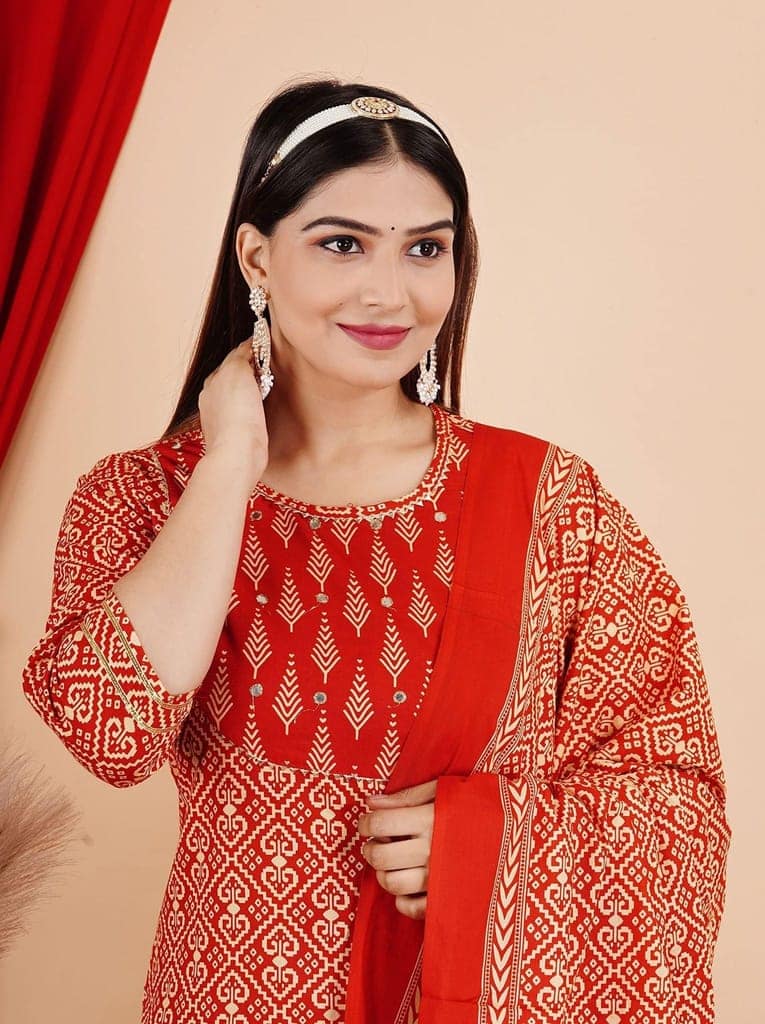 MANMAYEE Women's Rayon Mirror Work On Yoke Straight Kurti with Pant & Dupatta | 3 Piece Kurti Set view 6