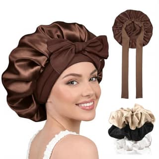 Satin Bonnet for Hair with 3 Scrunchies, Adjustable Hair Cap for Sleeping, Bonnet for Curly Hair with Wide Elastic Tie Band Satin Bonnet for Hair with 3 Scrunchies, Adjustable Hair Cap for Sleeping, Bonnet for Curly Hair with Wide Elastic Tie Band - Brow