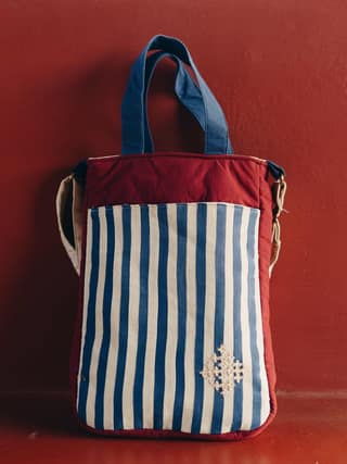 Fabric Crossbody Bag with Blue and White Stripes and Hand Embroidery Laptop Sleeve