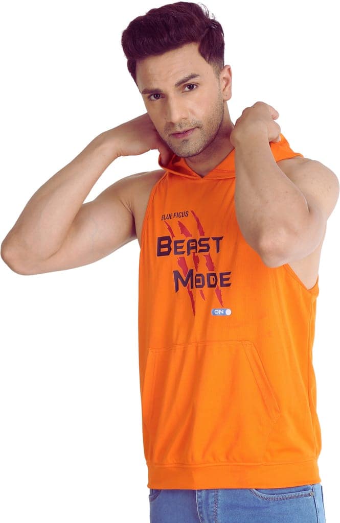 BLUEFICUS Men Solid Hooded Neck Pure Cotton SANDO (Orange) view 4