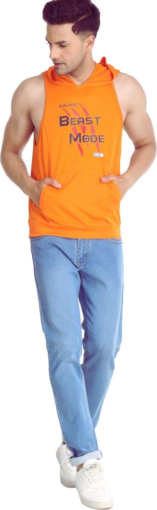 BLUEFICUS Men Solid Hooded Neck Pure Cotton SANDO (Orange) view 5