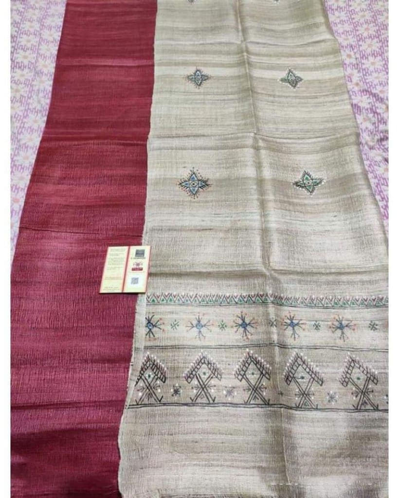 SSilkmark Certified Tussar Pastel Brown Silk Madhubani Dupatta and Plain Tussar Puce Red Silk Top (Tussar by Tussar)-1165 view 2