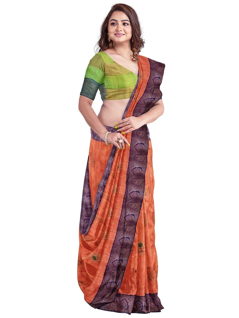 Women's Peach And Green Silk Blend Saree With Blouse Piece view 2