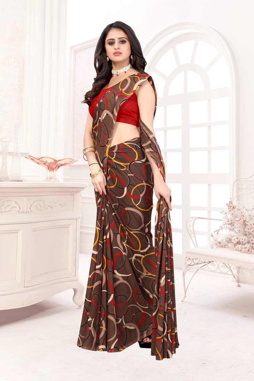 TheHangr Light Brown Circle Design Beautiful Printed Pure Georgette Saree With Cotton Silk Blouse Piece