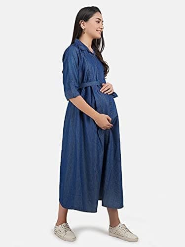 KOI SLEEPWEAR Women's Denim Maternity Gown with Feeding Pocket Maxi Night Gown for Pregnant Women (X-Large, Dark Blue) view 2