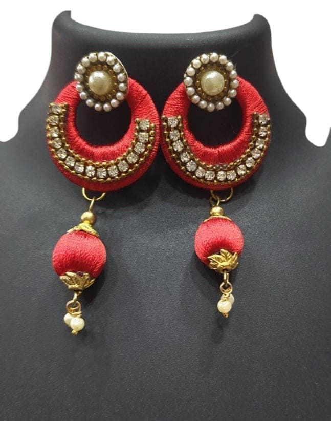 Red Silk Thread Jhumka Earrings with Pearls and Rhinestones view 4