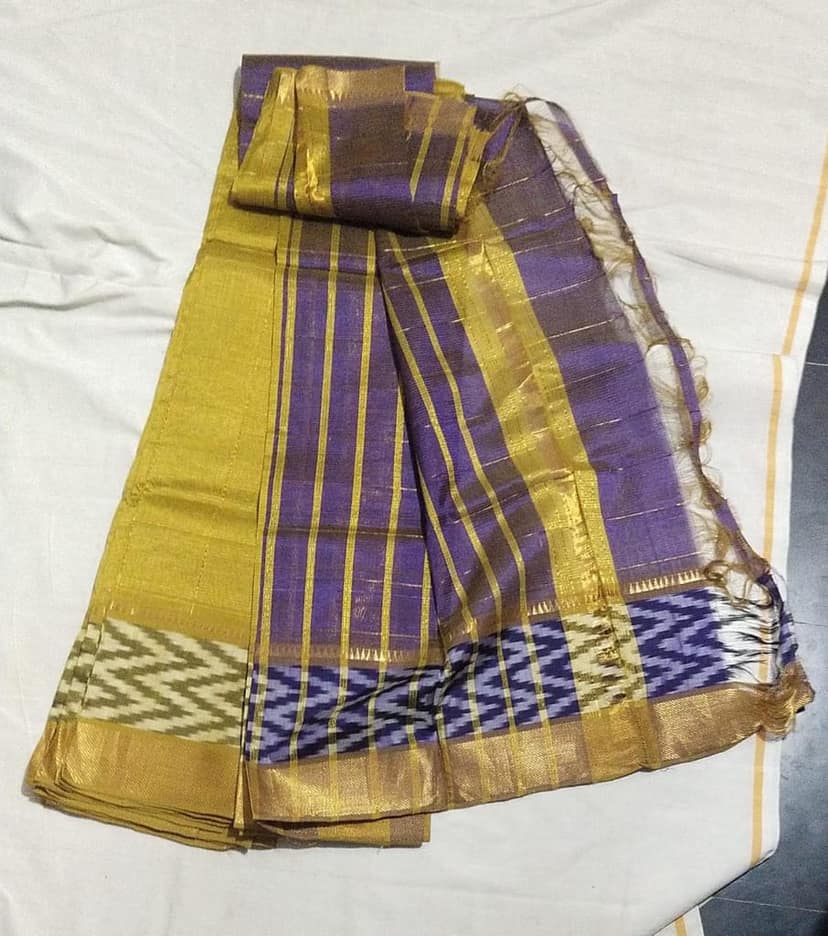 POCHAMPALLI SAREE BORDER COTTON/PATTU Yellow and Purple Handloom Saree With Blouse Piece