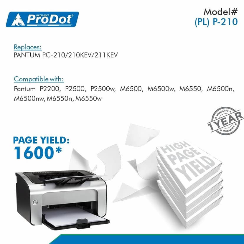 ProDot (PL P-210 Laser Toner Cartridge Compatible with PANTUM PC-210/210KEV/211KEV P2200, P2500, P2500w, M6500, M6500w, M6550, M6500n, M6500nw, M6550n, M6550w Printers view 2