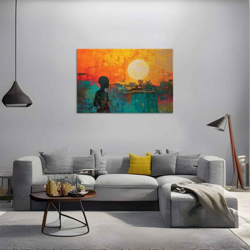 AFRICAN SUNSET PAINTING 24in X 16in WITH BLACK FRAME