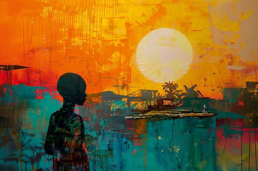 AFRICAN SUNSET PAINTING 24in X 16in WITH BLACK FRAME view 2