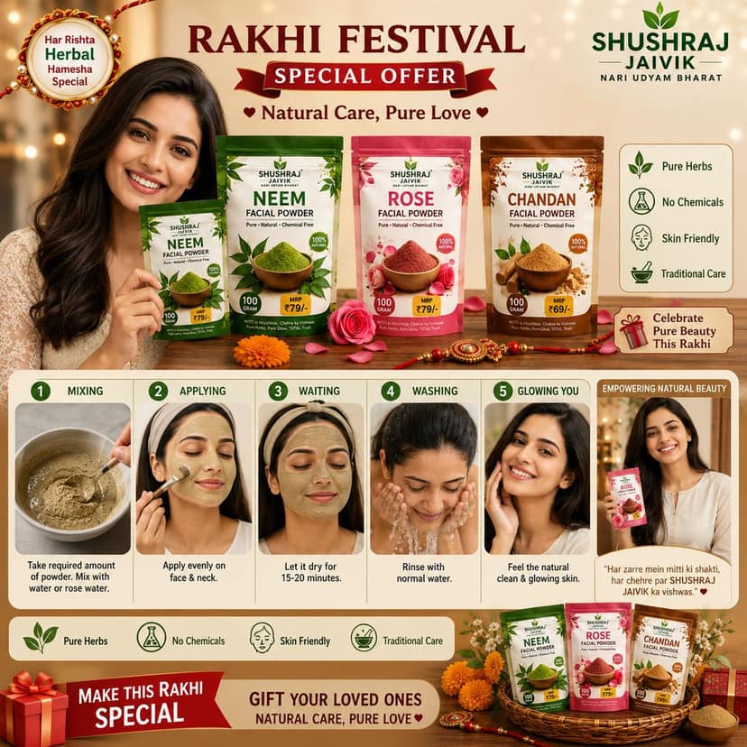 SHUSHRAJ JAIVIK Neem Rose Chandan Facial Powder Combo | 100% Natural Herbal Face Pack Powder | Pure & Chemical Free Skin Care | 3 × 100g view 5