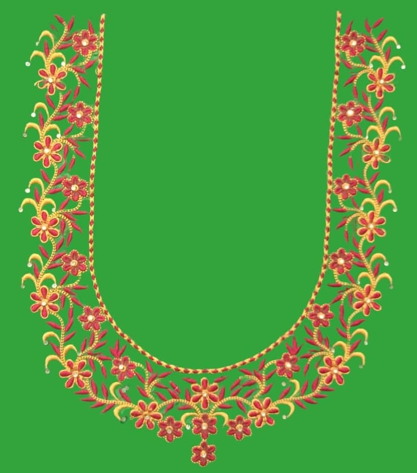 Red and gold floral embroidered blouse neck design