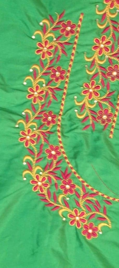 Red and gold floral embroidered blouse neck design view 3