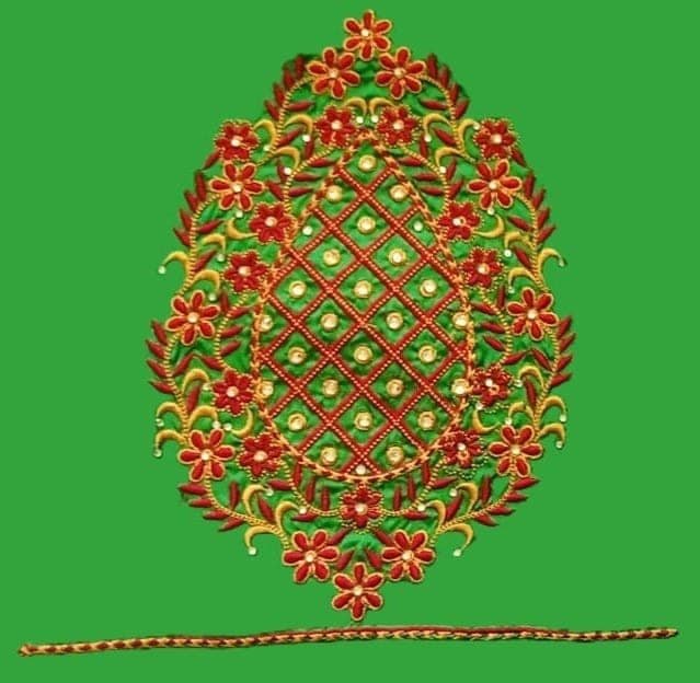 Red and gold floral embroidered blouse neck design view 4