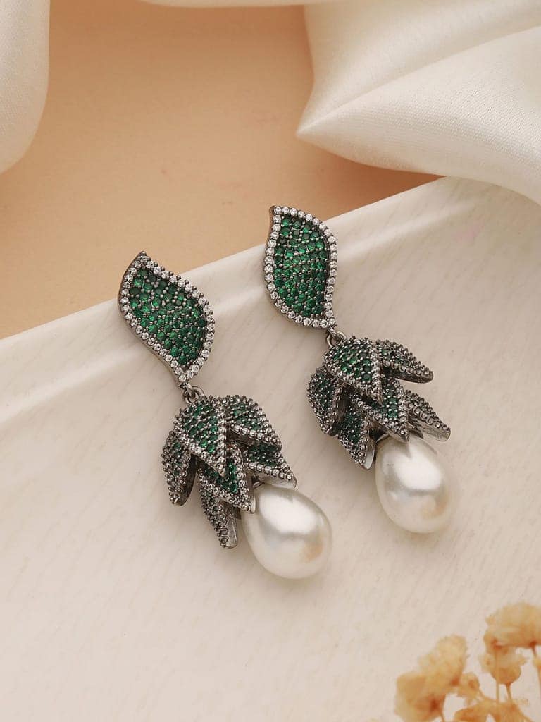 Silver Toned Green AD & Pearl Beaded Luxe Designer Drop Earring view 2