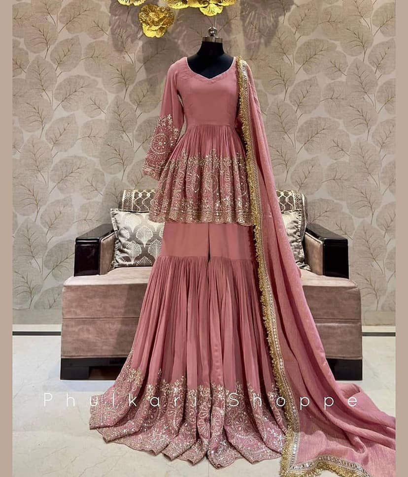 BHAGYASHRAY Georgette Embellished Kurti With Sharara And Gharara Women's Stitched Salwar Suit - Peach ( Pack of 1 )