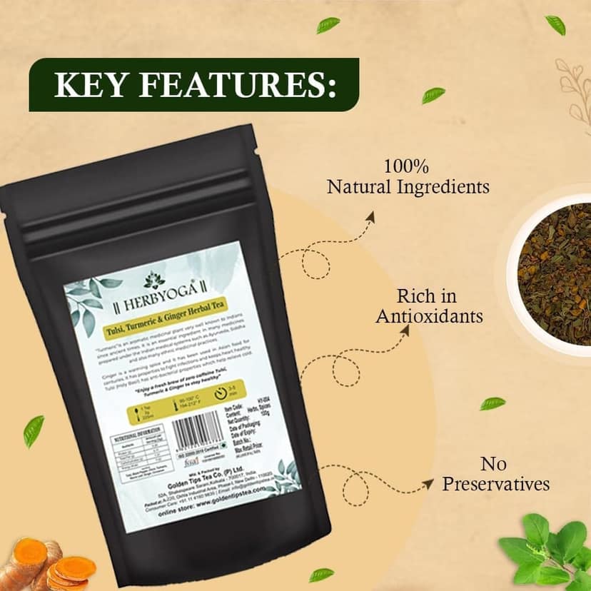 Golden Tips HERBYOGA Herbal Tea Tulsi, Turmeric and Ginger Pouch (100 Gram, 50 cups) view 4