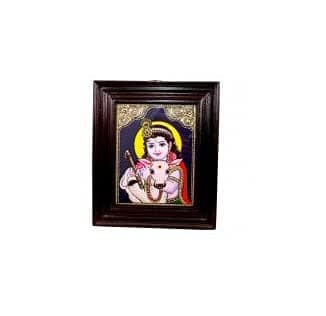 POOMPUHAR Handmade Wooden Tanjore Painting Cow Krishna (20 cm x 5 cm x 25 cm, Brown)