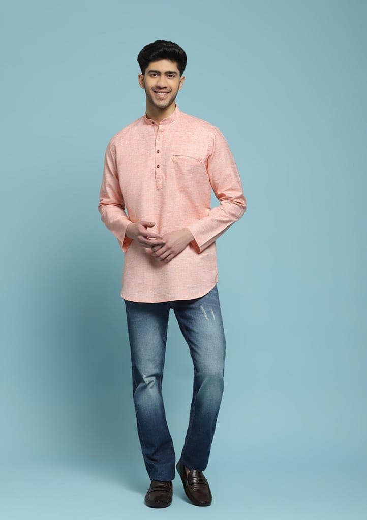 Poly Cotton Solid Men's Short Kurta - Peach view 3