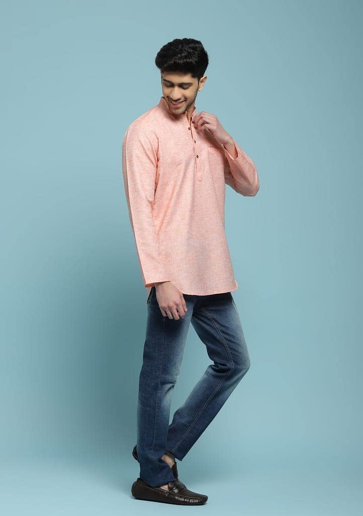 Poly Cotton Solid Men's Short Kurta - Peach view 5