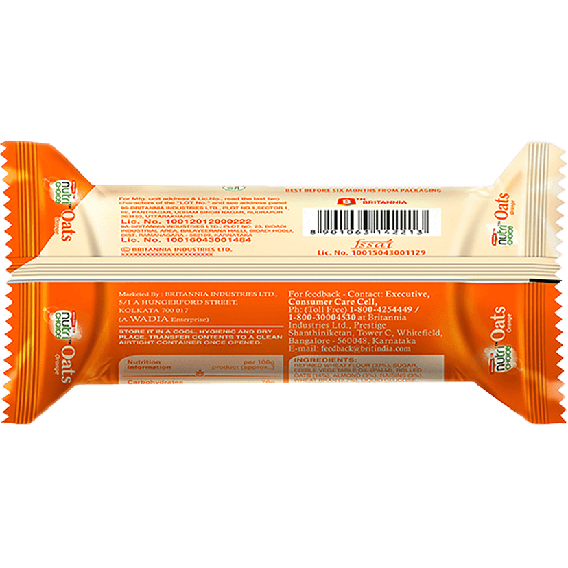 Britannia Nutrichoice Oats Cookies - Orange With Almonds, Healthy Snack, Fibre Enriched, 75 G view 2