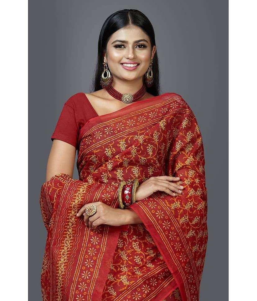SHANVIKA Cotton Printed Saree Without Blouse Piece ( Red ) view 2