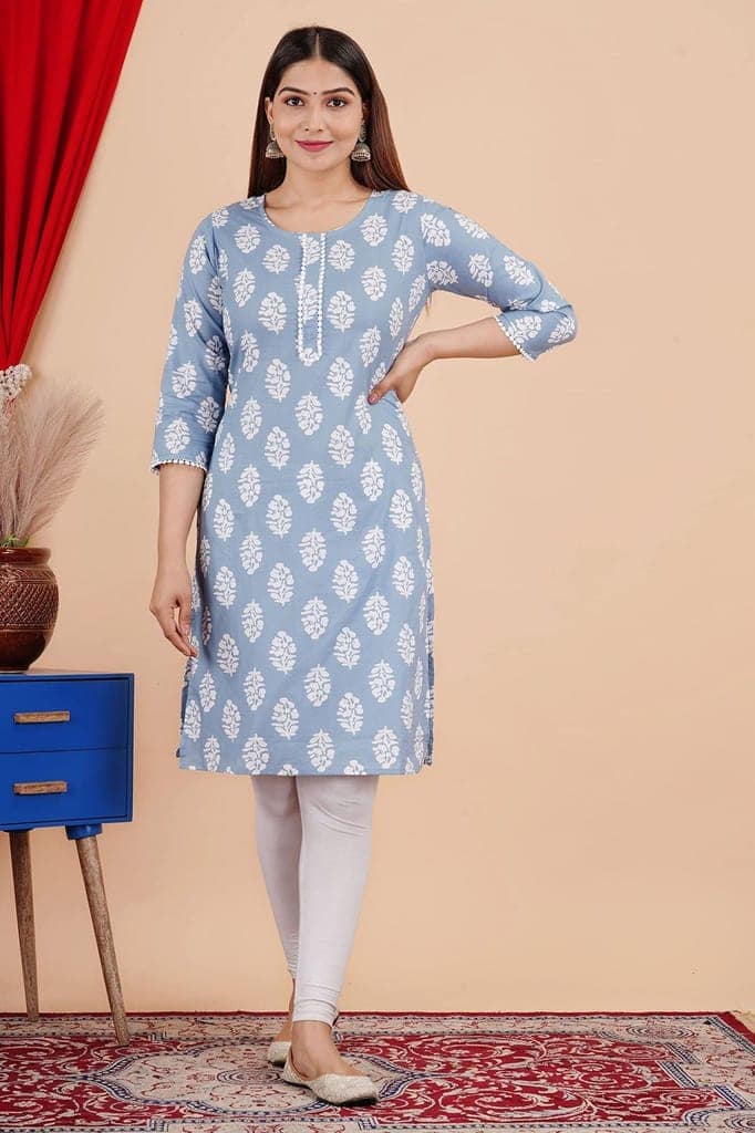 MANMAYEE Indian Tunic Top Women's Cotton Lace Work Calf Length Straight Kurti | Straight Kurti view 3