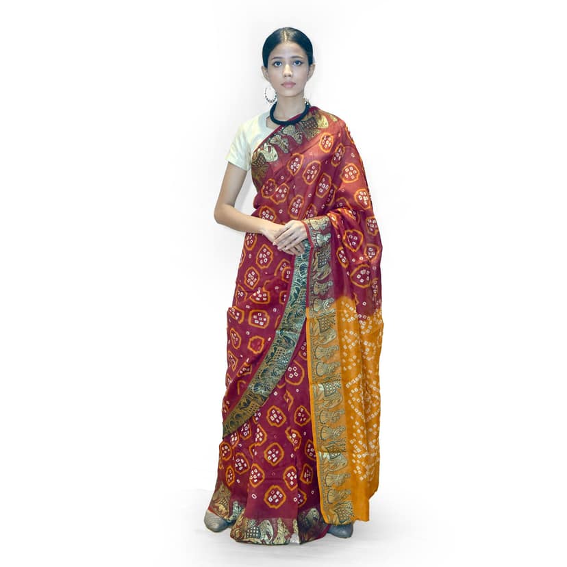 Tribes India Handwoven Maroon and Orange Bandej Flowring Saree