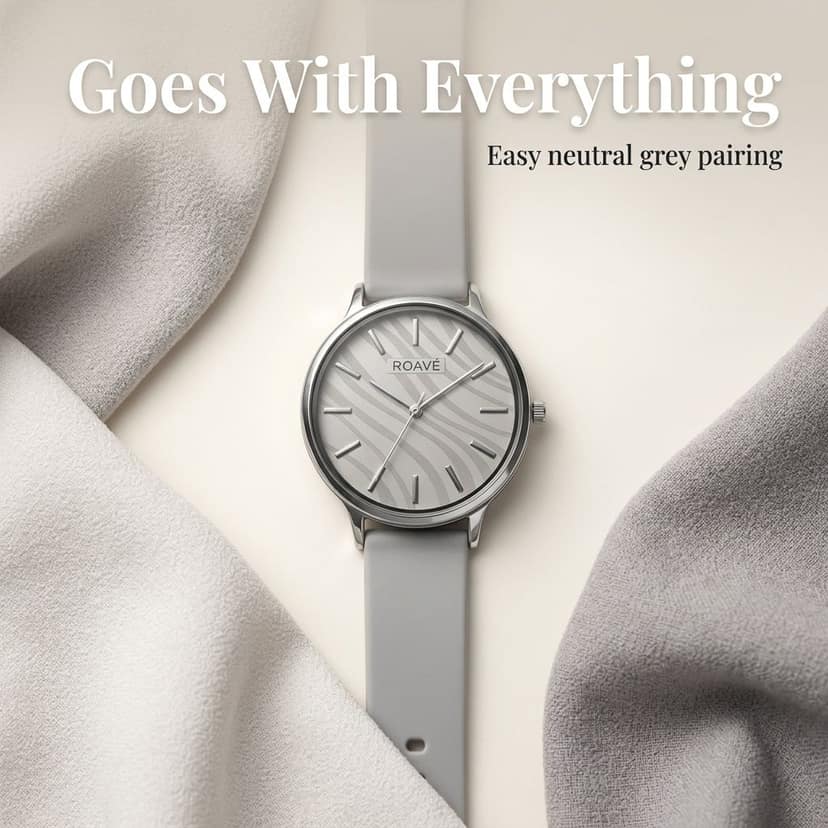 ROAVÉ Quartz Round Silicone Band Casual Analog Watch For Women With Buckle Clasp - Grey view 6
