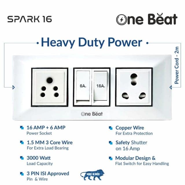 One Beat Extension Board with 2 Socket, One 6A and One 16A - Heavy Duty 16A Switch, Heavy Duty 16A Socket, Safety Shutter on 16A Socket with 2 Meter Power Cord - Multcolor (2 Socket) view 5