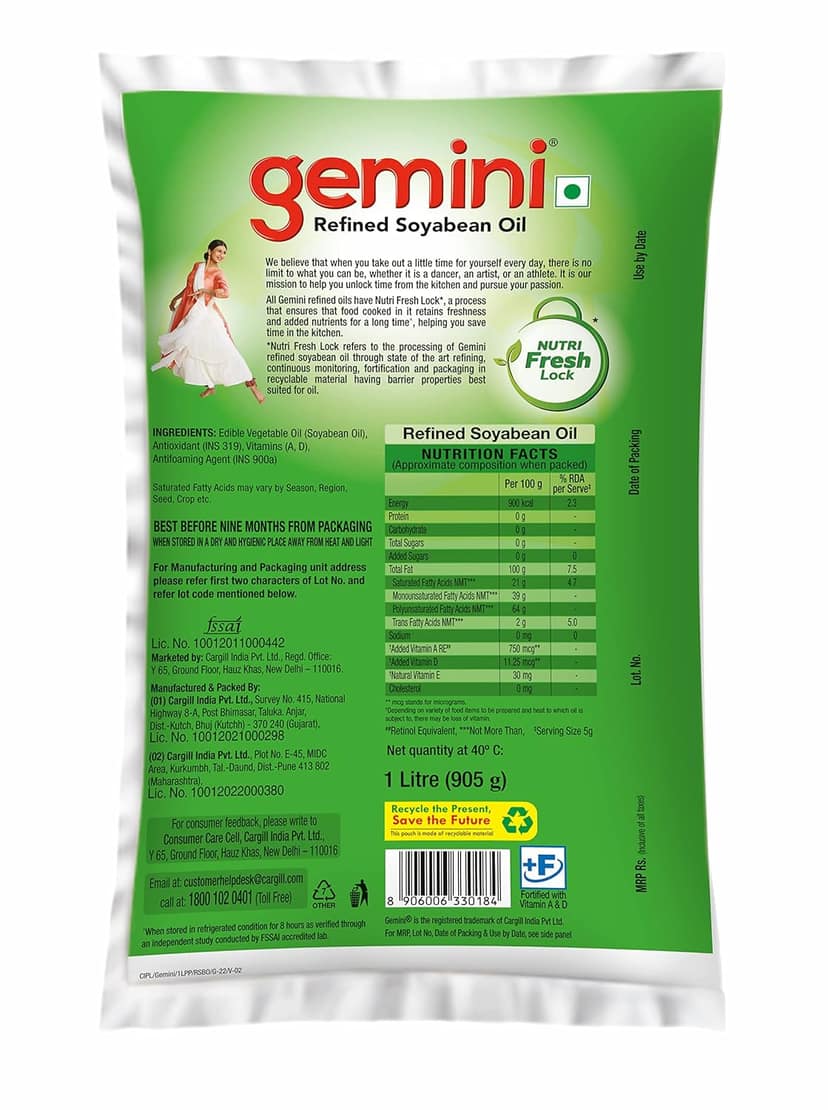 GEMINI REFINED SOYABEAN OIL POUCH, 1L view 2