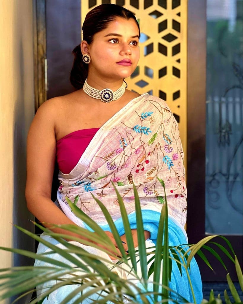 Pure Linen Saree Handloom Hand Embroidered White and Light Blue double color with attached Running Blouse-5842 view 2