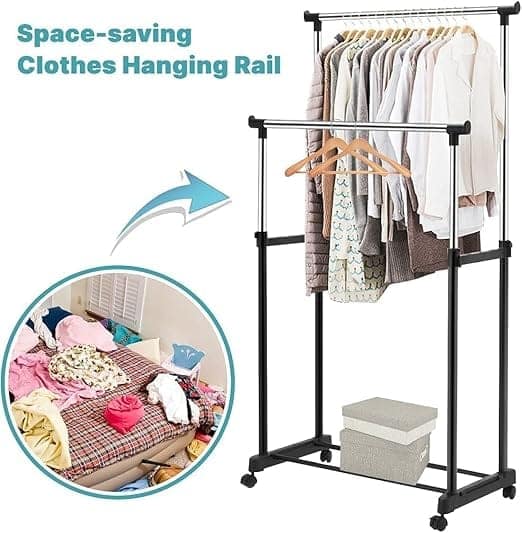 Double Pole Portable Clothing Hanging Garment Rack Laundry Drying Hanger with Wheels Telescopic Clothes Fordable Single Stand for Indoor Outdoor Drying Rack For Home Balcony Room Garden Terrace Home view 2