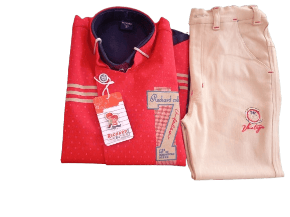 Boys' red and white striped shirt and tan pants set