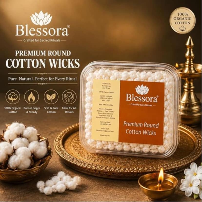 Round Cotton Wicks Diya Batti - White Phool Rui for Pooja | Long Lasting Aarti Use | Temple Daily Worship (Pack of 1800 Pcs) view 7