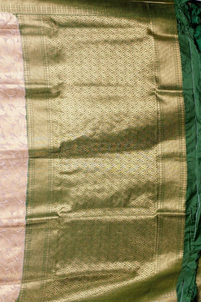 Cream Kanjiwaram Silk Brocade Saree with Green border view 4