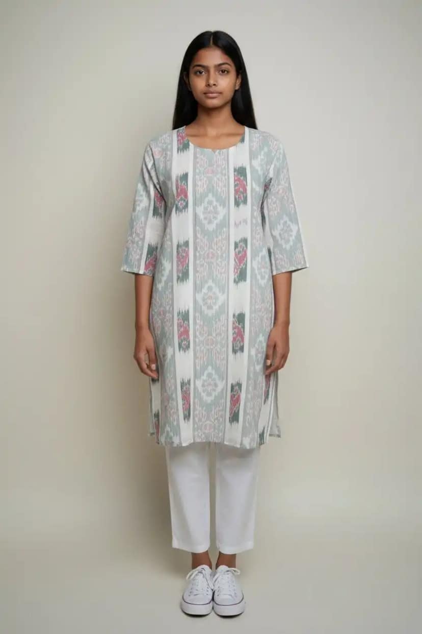 Sambalpuri Ikat Dove Grey-Odisha Handloom Cotton Kurti