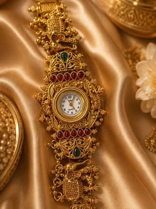 Traditional Ethnic Gold-Tone Stone Embellished Women's Watch