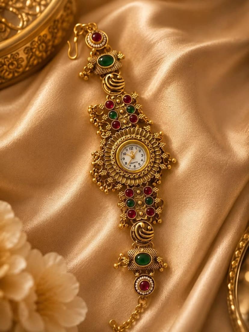 Traditional Ethnic Gold-Tone Stone Embellished Women's Watch view 2