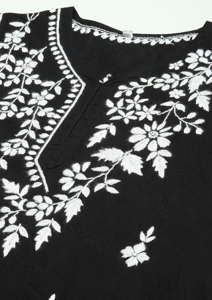 Cotton Chikankari Solid Women's Short Kurta - Black view 3