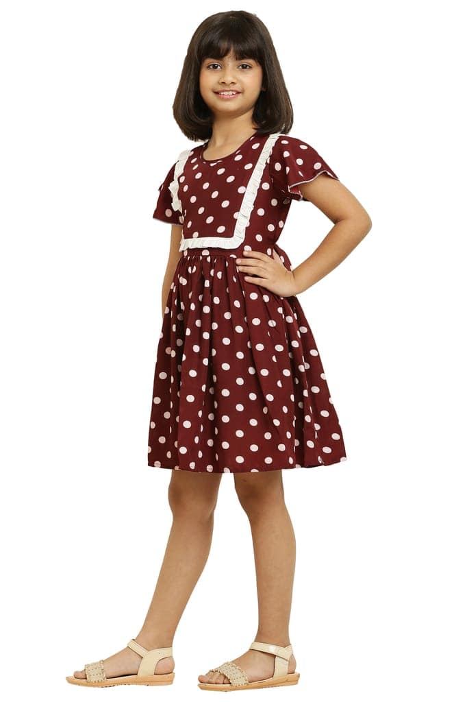 Ethnic Brown Dot Printed Frock With Lining & Frill for girls view 4
