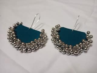 Elegant Teal Fabric Earrings with Silver Ghugaroo Beads